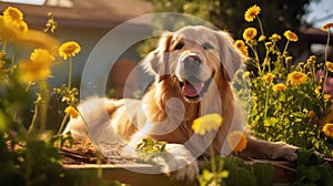 Labrador sits in garden surrounded by yellow flowers