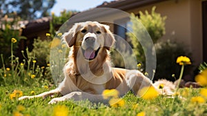 Labrador sits in garden surrounded by yellow flowers