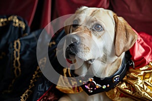 labrador with swashbuckler cape and gems