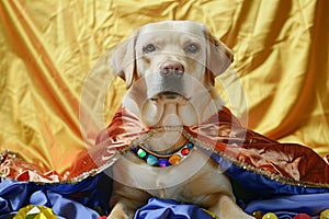 labrador with swashbuckler cape and gems