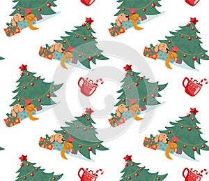 Labrador under the Christmas tree, Christmas, gifts. Seamless pattern in cartoon style. Isolated over white background. Vector