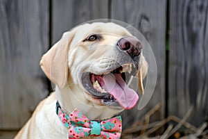 labrador wearing a silly bow tie, grinning