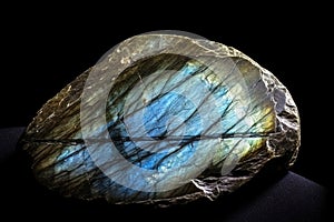 Labradorite is a rare precious natural stone on a black background. AI generated. Header banner mockup with space.