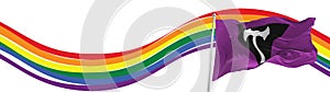 Labrys Lesbian flag waving at colorful background. Freedom and love, activism, community concept. Pride month. Copy space