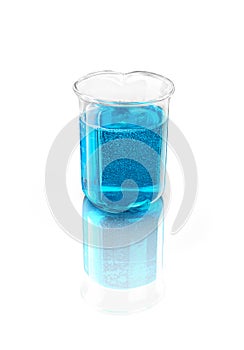 Labware with blue liquid isolated on a white
