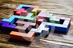 Labyrinth of colorful wooden blocks, tetris.