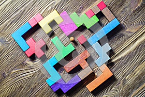 Labyrinth of colorful wooden blocks, tetris, top view.