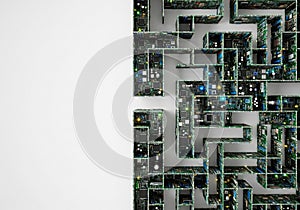 A labyrinth of computer chips and boards. Space for text.