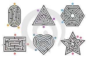 Labyrinth conundrum. Searching way, many ways directions maze and labyrinths child game isolated vector set photo