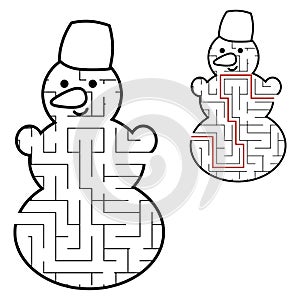 Labyrinth cute snowman. Game for kids. Puzzle for children. Cartoon style. Maze conundrum. Black white vector illustration. With