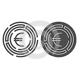 Labyrinth with euro coin line and solid icon, Investment decisions concept, labyrinth chart sign on white background
