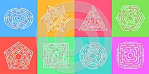 Labyrinth game, finding way puzzle mazes, round maze. Simple labyrinths in various shapes, logic find path games for