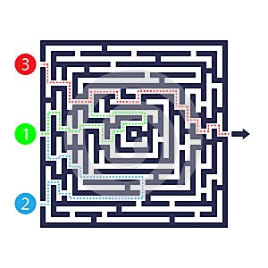 Labyrinth game. Three entrance, one exit and one right way to go. But many paths to deadlock. Vector illustration.