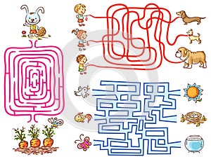 Labyrinth games set for preschoolers: find the way or match elements photo