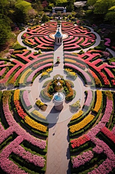 Labyrinth garden with vibrant flowerbeds and central fountain