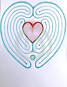 Labyrinth Heart, artistic neural drawing by hand, for meditation