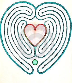 Labyrinth Heart. Hand drawn, colour, for balance and cleansing