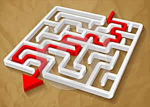 Labyrinth maze 3d red arrow vector on a crumpled paper brown background.