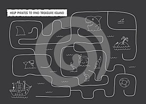 Labyrinth, Maze game for children. Logical puzzle for kids. Quest to find the right path for a Pirate Ship to treasure island.