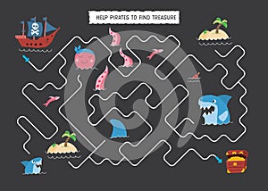 Labyrinth, Maze game for children. Logical puzzle for kids. Quest to find the right path for a Pirate Ship to treasure. Vector