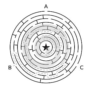 Labyrinth maze game. Circle puzzle. Find exit or right way challenge. Vector illustration