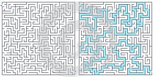 Labyrinth, maze with solution vector illustration. Square maze. High quality vector.