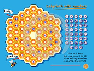 Labyrinth with numbers. Logic puzzle game with for children and adults. Find and draw the way from 1 to 60.