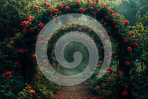 Labyrinth rose garden with mystical foggy arch