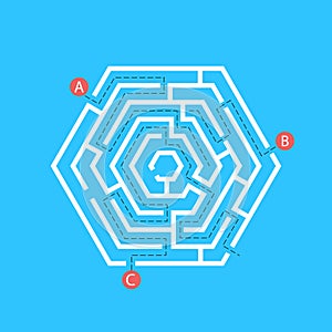 Labyrinth shape design element. Three entrance, one exit and one right way to go, but many paths to deadlock.