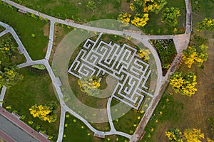 A labyrinth in a summer green landscape park in Kiev. A maze of hedges surrounded by paths, trees and bushes. Drone view