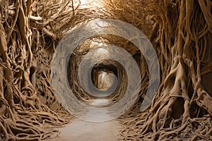 a labyrinth tunnel with roots penetrating the ceiling and walls