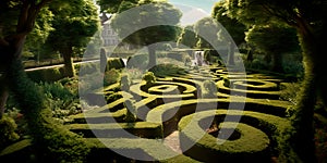 labyrinthine garden with winding paths and tall hedges.