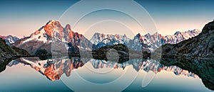 Lac Blanc with Mont Blanc mountain range reflected on lake in the sunset at Haute Savoie, France