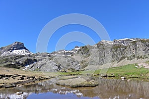 Lac Roumassot at 1845 metres, along the Lacs d\'Ayous loop hiking trail, Pic du Midi d\'Ossau , French Pyrenees