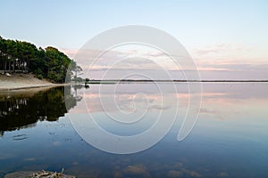 Lacanau lake sunrise with sandy beach forest in nature Gironde france