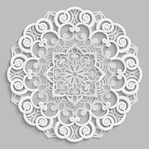 Lace 3D mandala, round symmetrical openwork pattern, decorative snowflake, arabic ornament, decorative design element,