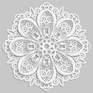 Lace 3D mandala, round symmetrical openwork pattern, lacy doily, decorative snowflake