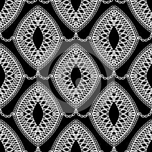 Lace black and white vector seamless pattern. Ornamental monochrome vintage background. Elegance decorative fancywork ornament. E photo