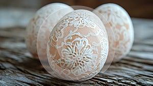 Lace Decorated Easter Eggs On Wooden Surface