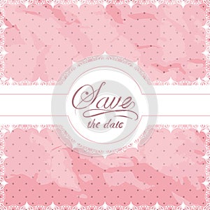 Lace doily border on a pink textured shabby polka dot background