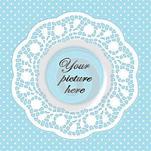 Lace Doily Frame, Pastel Aqua Polka Dot Background