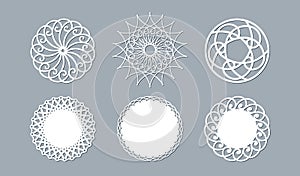 Lace doily lasercut paper Round pattern ornament Template mockup of a round white lace doily napkin lasercut frame Set Design