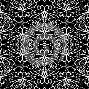 Lace dotted Damask vector seamless pattern. Black and white background