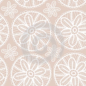 Lace fabric seamless pattern with white flowers on beige background