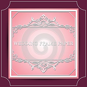Lace frame with cutout paper decoration, vector greeting card or wedding invitation template with vintage decorative. Vintage