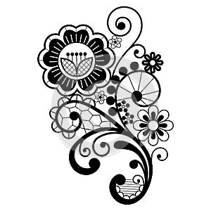 Lace motif, retro single vector design, ornamental pattern with roses, flowers and swirls in black and white