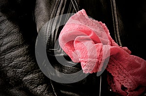 Lace pink panties and leather jacket