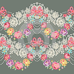 Lace Ribbon Romantic Floral Vector Seamless Pattern