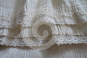 Lace ribbons stitched to frills on hem of skirt