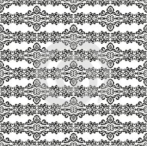 Lace seamless pattern. Black vintage background with damask ornament for textile, fabric, decoration. Seamless black